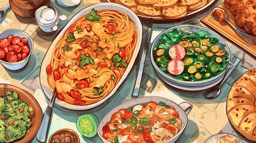 Healthy dinner recipes. Fantasy concept , Illustration painting.