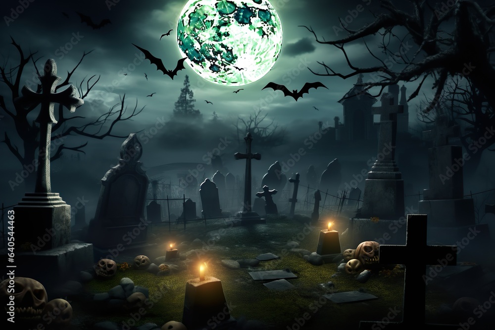 Scary Realistic halloween background with graveyard 