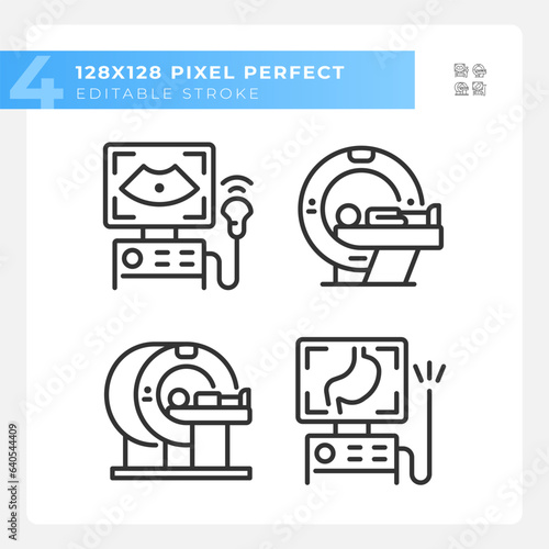 Medical imaging technology pixel perfect linear icons set. Hospital equipment. Clinical diagnostic. Customizable thin line symbols. Isolated vector outline illustrations. Editable stroke