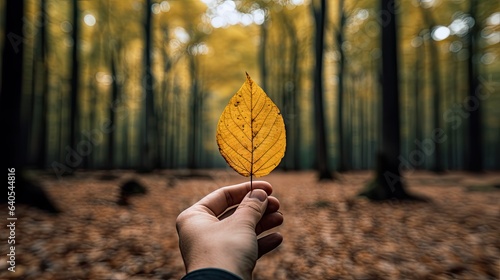 Autumn is coming, hand holding a yellow leaf in a forest