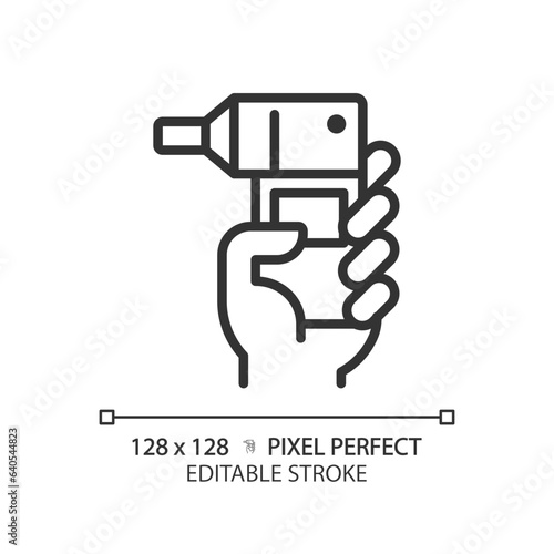Spirometer pixel perfect linear icon. Breathing exercise. Respiratory disease. Lung function. Medical device. Thin line illustration. Contour symbol. Vector outline drawing. Editable stroke