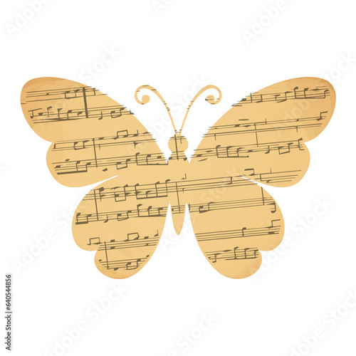 Butterfly silhouette papercut from parchment with music vintage decoration scrapbook element isolated on white background.