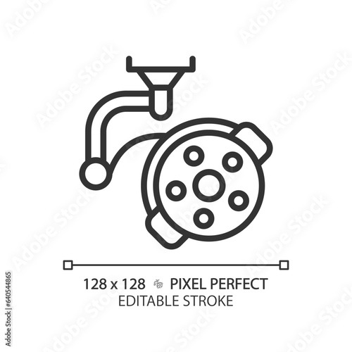 Surgical lamp pixel perfect linear icon. Operating room light. Operation theater. Surgeon tool. Intensive care. Thin line illustration. Contour symbol. Vector outline drawing. Editable stroke