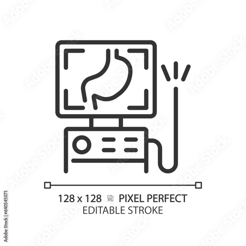 Endoscope pixel perfect linear icon. Medical tool. Flexible tube. Health diagnosis. Gastrointestinal system. Thin line illustration. Contour symbol. Vector outline drawing. Editable stroke