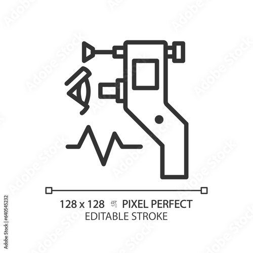 Eye tonometer pixel perfect linear icon. Ocular tonometry. Optical store. Vision test. Glaucoma treatment. Thin line illustration. Contour symbol. Vector outline drawing. Editable stroke