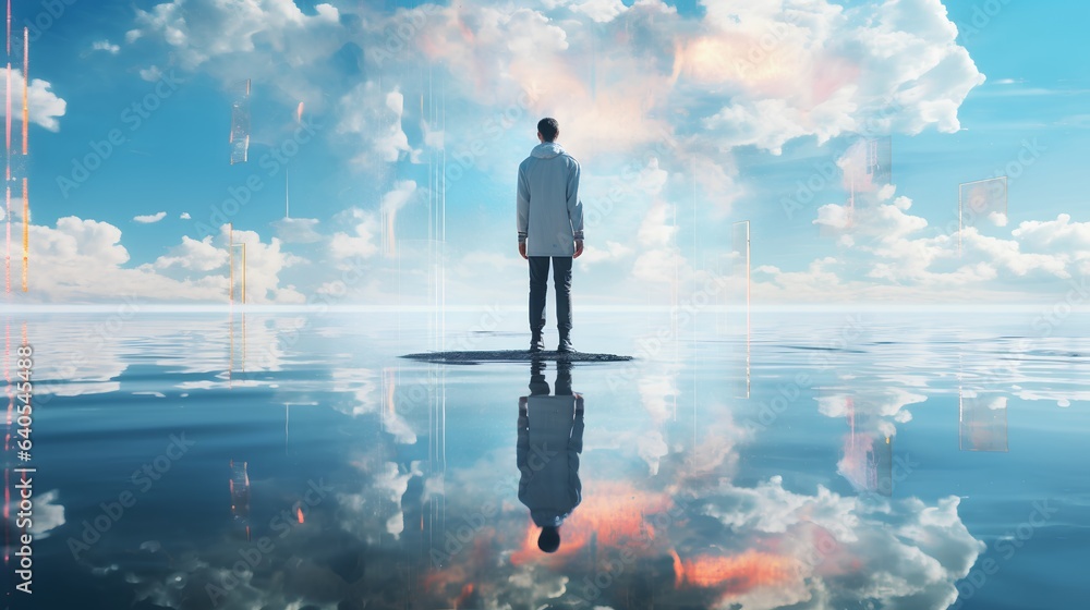 A man standing on a reflective water surface, his body transforming into a surreal metaverse. The intersection of reality and virtual reality, symbolizing the digital transformation. Generative AI A man standing on a reflective water surface, his body transforming into a surreal metaverse. The intersection of reality and virtual reality, symbolizing the digital transformation. Generative AI