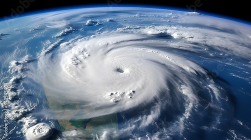 A satellite view of a massive hurricane  showcasing the swirling cloud patterns and the eye of the storm  as it moves across the ocean. Generative AI