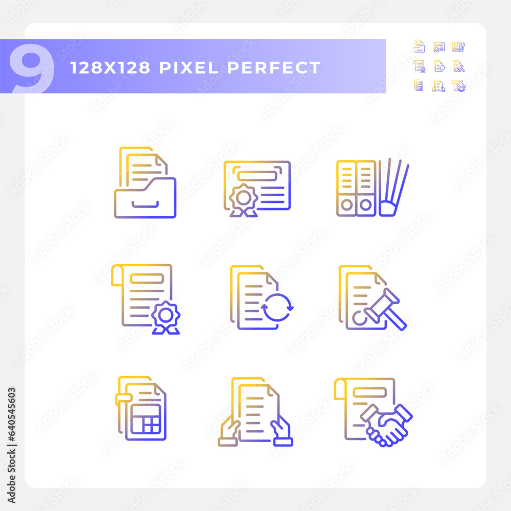 2D pixel perfect gradient icons set representing document, thin line illustration. 2D pixel perfect gradient icons set representing document, thin line illustration.