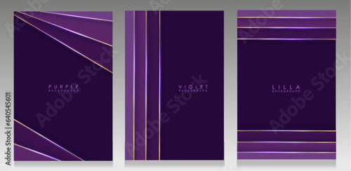 Luxury purple cover collection. Geometric design with golden glowing lines. Elegant vector template for invitation, cover magazine, flyer, product packaging.