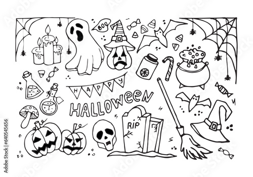 Fototapeta Naklejka Na Ścianę i Meble -  Big set with Halloween elements on white background in doodle style. Vector illustration