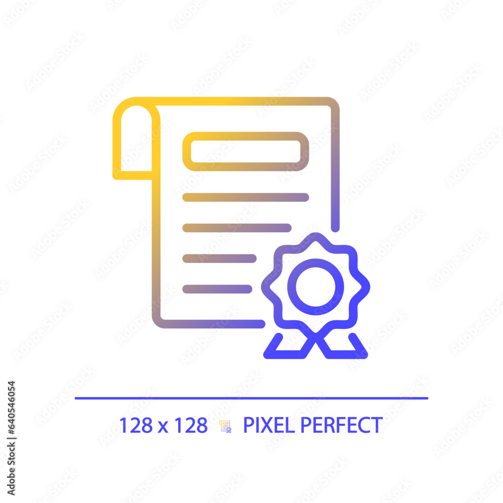 2D pixel perfect gradient certificate icon, isolated vector, thin line document illustration. 2D pixel perfect gradient certificate icon, isolated vector, thin line document illustration.