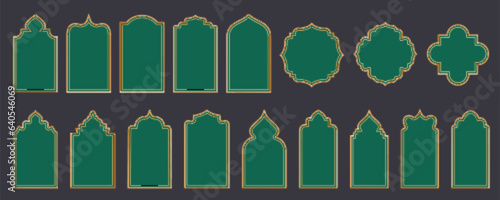Ramadan window frame shapes. Islamic golden arches. Muslim mosque elements of architecture with ornament. Turkish gates and doors set. Vector