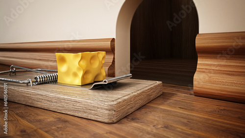 Mouse trap with a piece of cheese standing in front of the mouse hole. 3D illustration photo