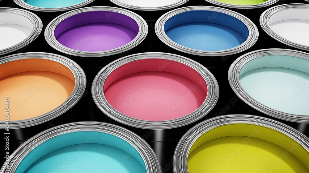 Fototapeta premium Group of metal paint cans with vibrant colors. 3D illustration