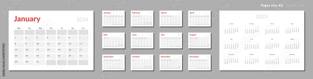 Set of Monthly pages Calendar Planner Templates 2024-2025 for wall or desk in grey and red color. Vector layout of calendar with week start Monday for print. Pages for size A4 or 21x29.7 cm Set of Monthly pages Calendar Planner Templates 2024-2025 for wall or desk in grey and red color. Vector layout of calendar with week start Monday for print. Pages for size A4 or 21x29.7 cm