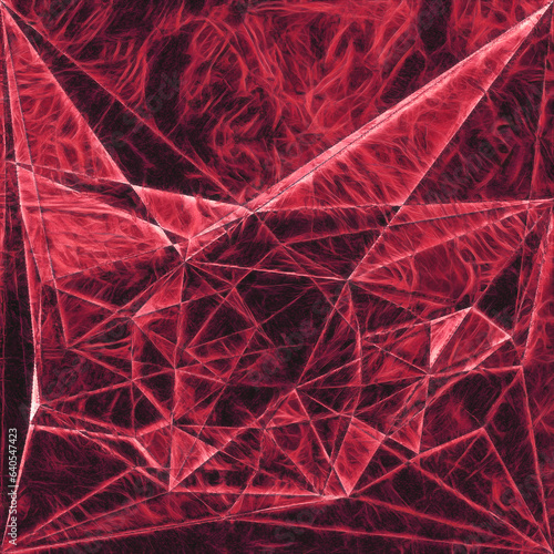 cubist triangular mosaic in red on a black background and square format
