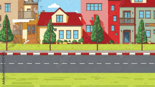 Cartoon city street with houses and trees