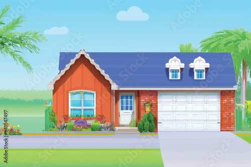 Cartoon house with a palm tree in the front yard