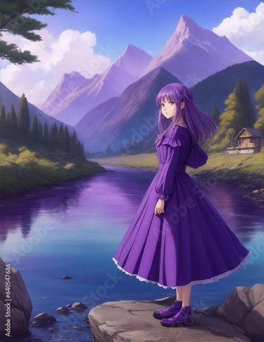 A girl in a purple dress stands in front of a river and mountains by Generative AI