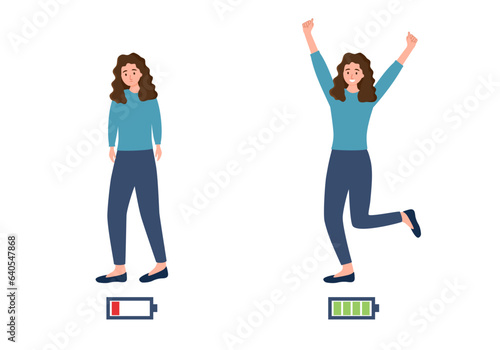 Happy and unhappy female with vital power or battery charge indicator. Energetic and tired or exhausted woman and life energy indication.