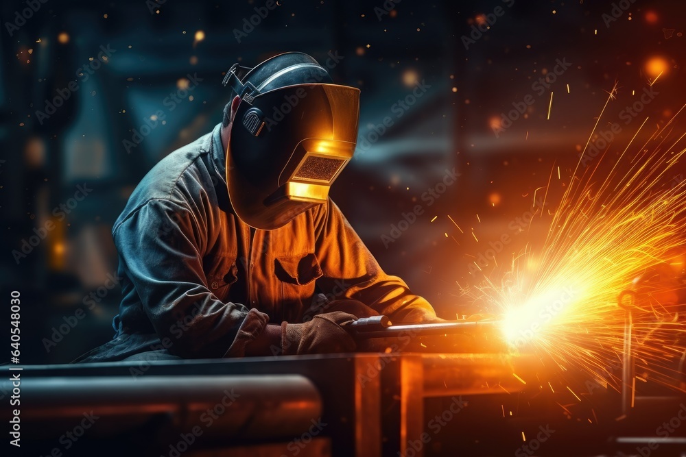 metal welder using an arc welding machine to weld steel at a factory. It represents manufacturing and welding operations.
Generative AI metal welder using an arc welding machine to weld steel at a factory. It represents manufacturing and welding operations.
Generative AI