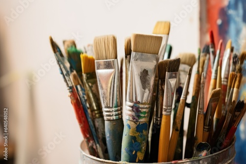 various paintbrushes used in an art studio. It captures the process of artists using brushes to create works of art.Generative AI