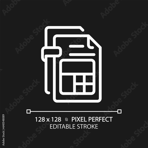 2D pixel perfect editable white income tax report icon, isolated vector, thin line document illustration.