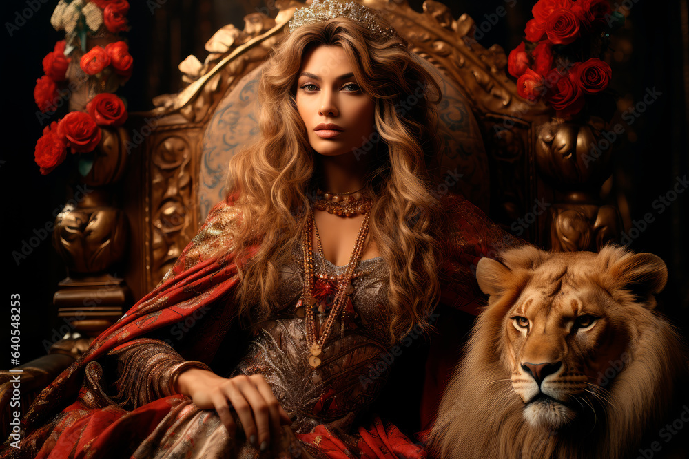 Beautiful  princess sits in a throne and posing with a lion