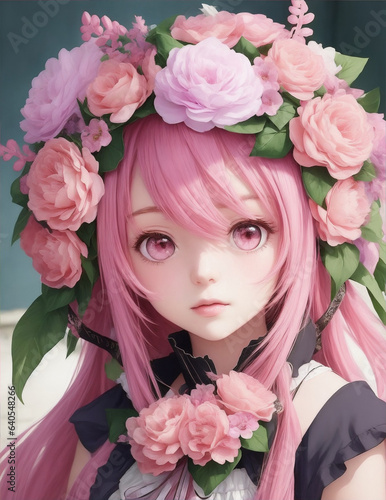 Photo a girl with pink hair and a wreath of flowers on her head by Generative AI