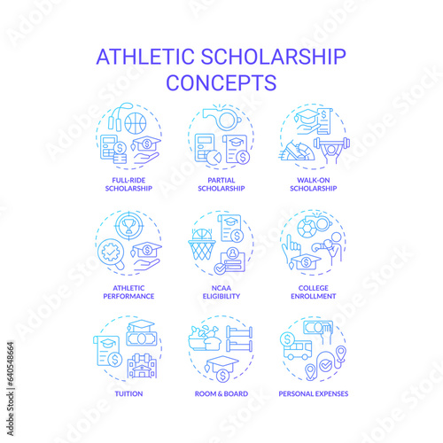 2D gradient icons set representing athletic scholarship concepts, isolated vector, thin line illustration. © bsd studio