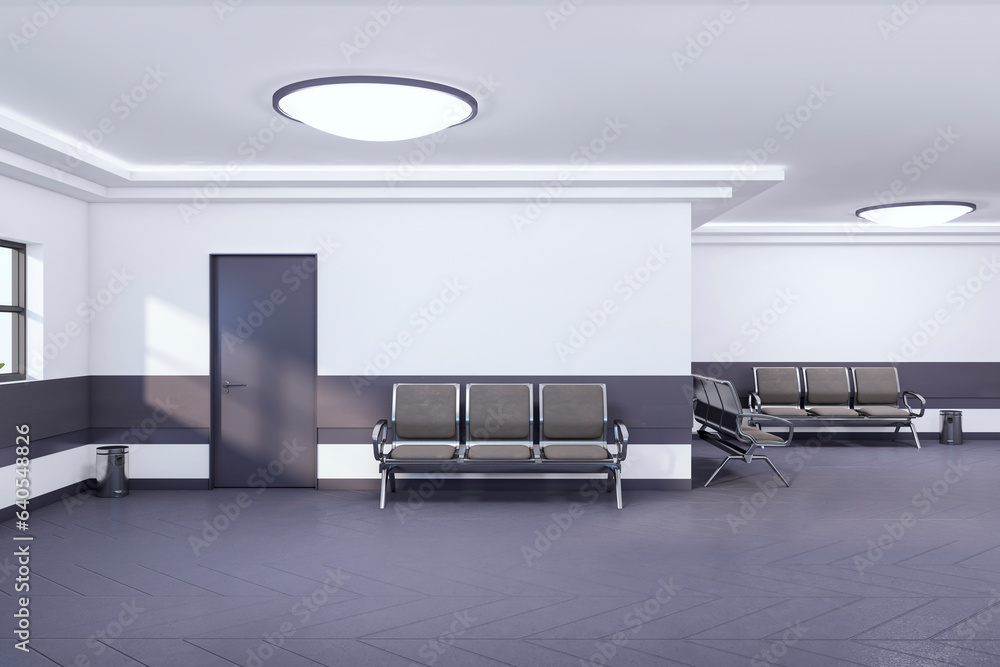 Waiting area in modern interior with concrete flooring, seats and plants. 3D Rendering. Waiting area in modern interior with concrete flooring, seats and plants. 3D Rendering.