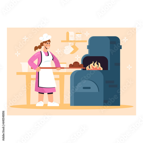 Lady in white apron and protective hat putting bread in oven. Oven modern manufacture with equipment. Colorful vector illustration in blue and yellow colors