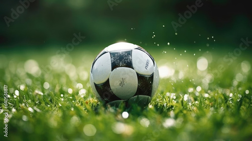 Close-up of a soccer ball on the vibrant green field © didiksaputra