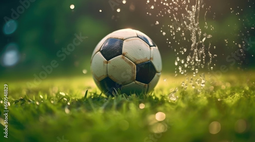 Close-up of a soccer ball on the vibrant green field