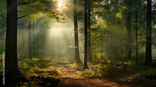 Panoramic view of sunbeams through the trees in the forest © Veniamin Kraskov
