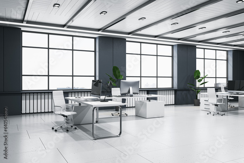 Luxury concrete coworking office interior with panoramic windows. 3D Rendering.