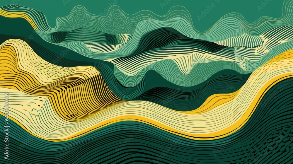 The Dance of Gold and Green - Op Art Cartoon Delight Mirrored in Photorealistic Striped Painting - Energetic Line Art - Green and Gold Line Stripes Background created with Generative AI Technology