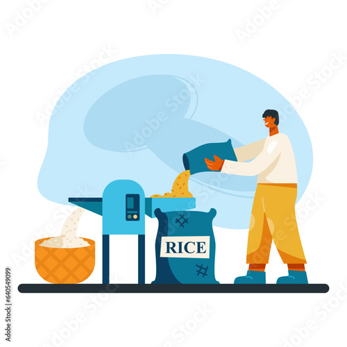 Man holds bag of rice and pours groats into special device for sorting, cleaning and grinding. Rice production concept. Flat vector illustration in cartoon style in blue and yellow colors