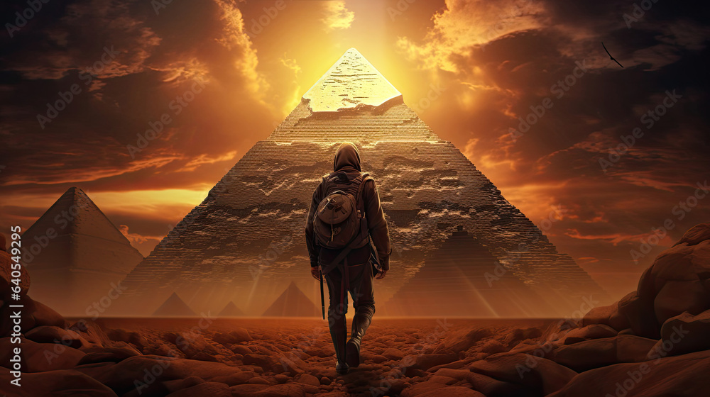 Time-traveling explorer amidst ancient pyramids Time-traveling explorer amidst ancient pyramids