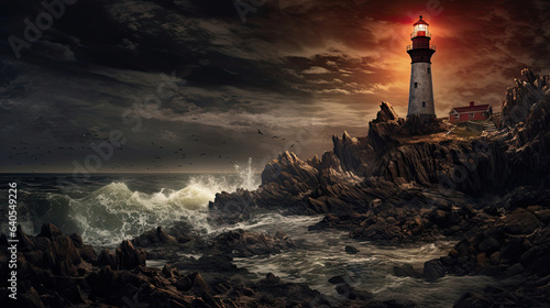 Haunted lighthouse on a rocky coastline