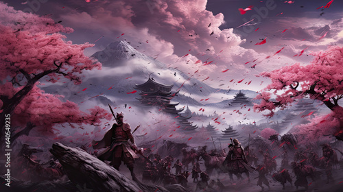 Samurai battle atop a cherry blossom-covered hill © javier