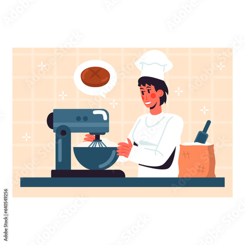 Female in white uniform and hat standing near modern mixer and controlling process of kneading bread dough. Cooking process with modern equipment. Vector illustration in blue and orange colors
