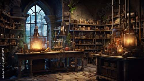 Ancient alchemical laboratory with arcane tools