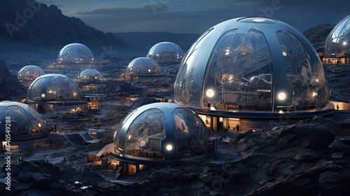 Lunar colony with domed biodomes