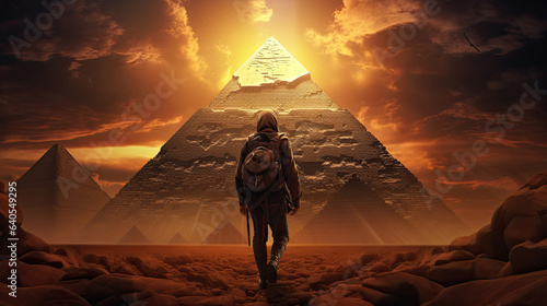 Fotografia Time-traveling explorer amidst ancient pyramids