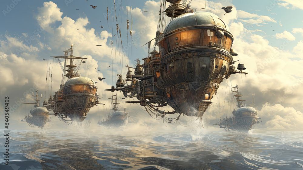 Obraz premium Steampunk dirigibles sailing over a steaming sea
