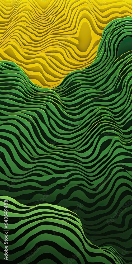 The Dance of Gold and Green - Op Art Cartoon Delight Mirrored in Photorealistic Striped Painting - Energetic Line Art - Green and Gold Line Stripes Background created with Generative AI Technology