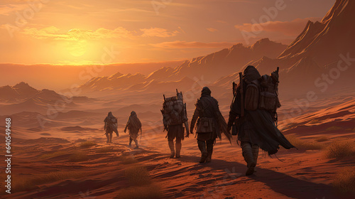 Post-apocalyptic nomads traversing a desert