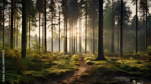 Panoramic view of sunbeams through the trees in the forest © Venka