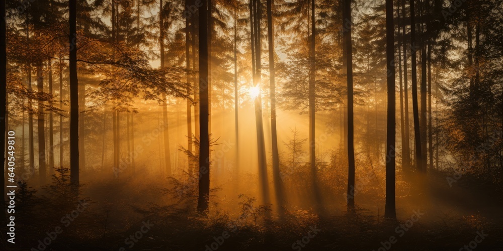 Sunrise in the misty forest. Panoramic image.
